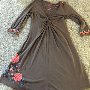 JOHNNY WAS Brown Embroildered Cotton Dress  size S